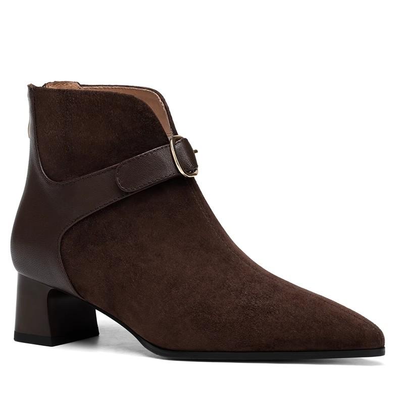 New Autumn Winter Sheep Suede Women Boots Pointed Toe Chunky Heel Boots Genuine Leather Ankle Boot Shoes for Women Handmade