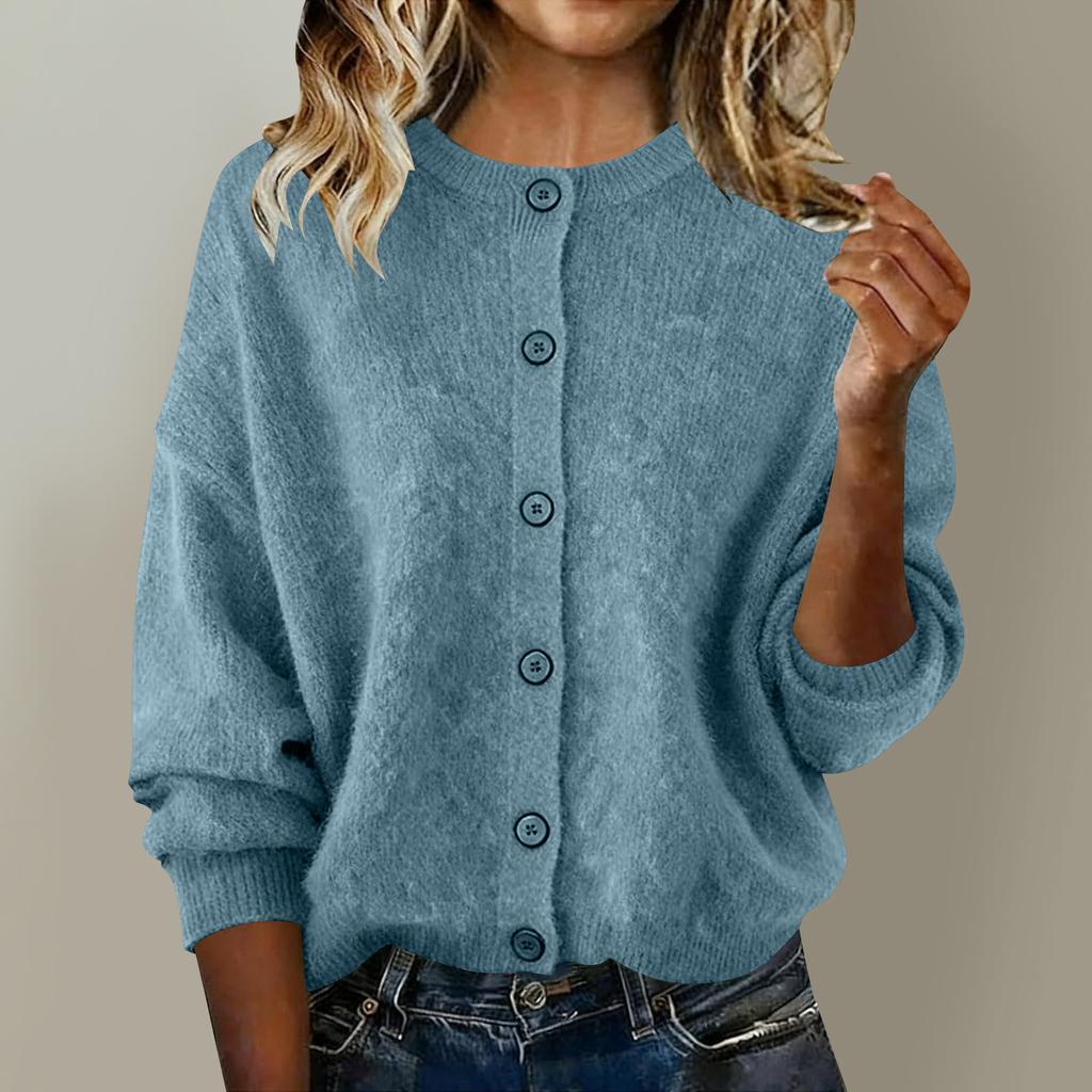 Autumn and winter women's knitted round neck long-sleeved solid color casual fashion knitted cardigan