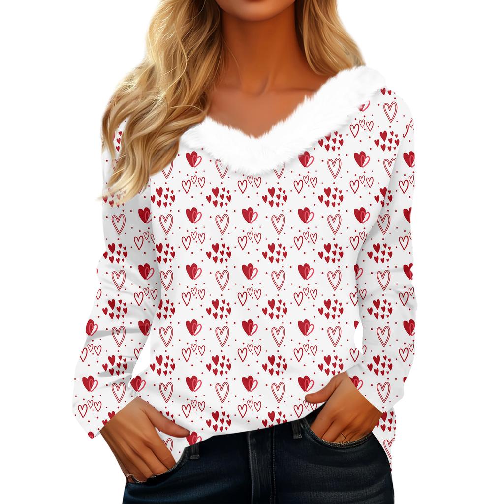 Женская футболка с длинным рукавом с принтом на День святого Валентина, V-образным вырезом, повседневная, свободного кроя