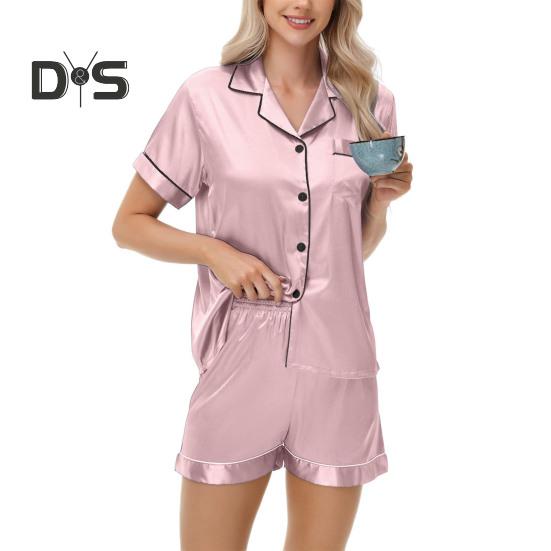 Пижамный костюм из 2 предметов, атласный однобортный кардиган, рубашка с V-образным вырезом, воротником-стойкой, однотонная рубашка с нагрудным карманом, свободные шорты, ночная рубашка, одежда для сна