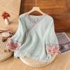 Women's Ethnic Retro Cotton Linen Embroidered Short Sleeve Top with Frog Button