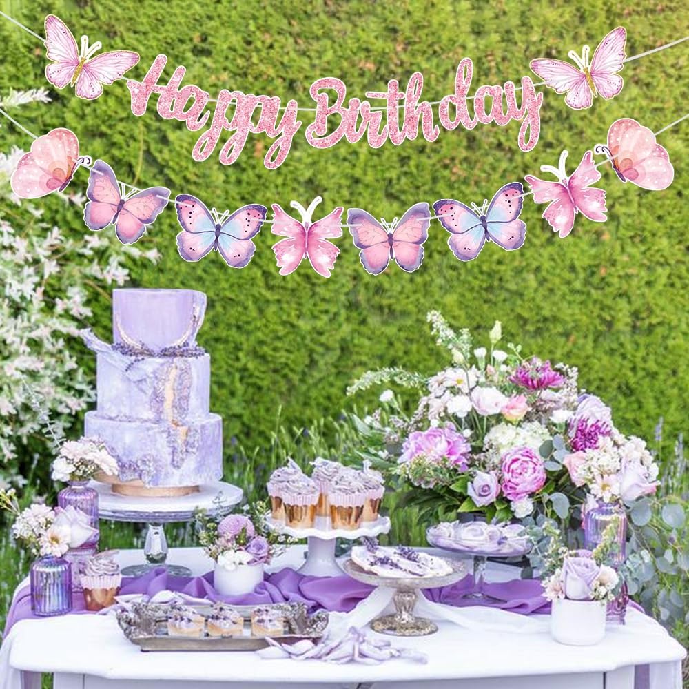 Pink Butterfly Birthday Banner, 63" x 23.6", Fade Resistant, Lightweight, Women/Girls/Teen Girls