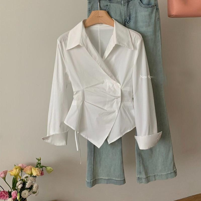 Женская мода ретро полосатый принт рюшами нерегулярный дизайн рубашки офис леди элегантный шнуровка блузка повседневный длинный рукав тонкий топ