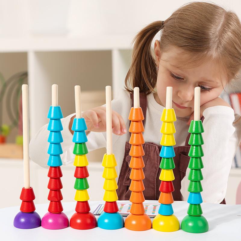 Wooden Abacus Stacking Columns - With Beads Sorting Columns And Cards To Exercise Hand-Eye Coordination And Color Recognition