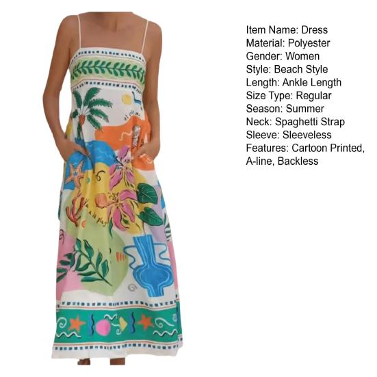 Летнее пляжное платье макси на тонких бретелях без рукавов с открытой спиной и мультяшным принтом, свободные боковые карманы, платье-комбинация трапециевидной формы с большим подолом, отпускной сарафан
