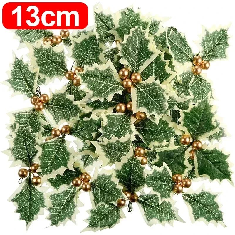200/50 шт. Искусственные листья падуба, Поддельные растения, Зеленый лист, Красные ягоды для украшения рождественской елки, венка, Декор для новогодней вечеринки