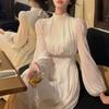 2023 Spring Turtleneck White Midi Dress Women Long Sleeve French Elegant One Piece Dress Korean Fashion Y2k Clothing Design