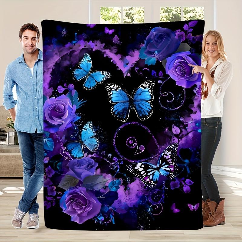 Vintage-Inspired Soft & Warm Plush Blanket with Purple Roses, Heart Garland & Blue Butterfly - Perfect for Living Room, Bedroom, Travel & Ca