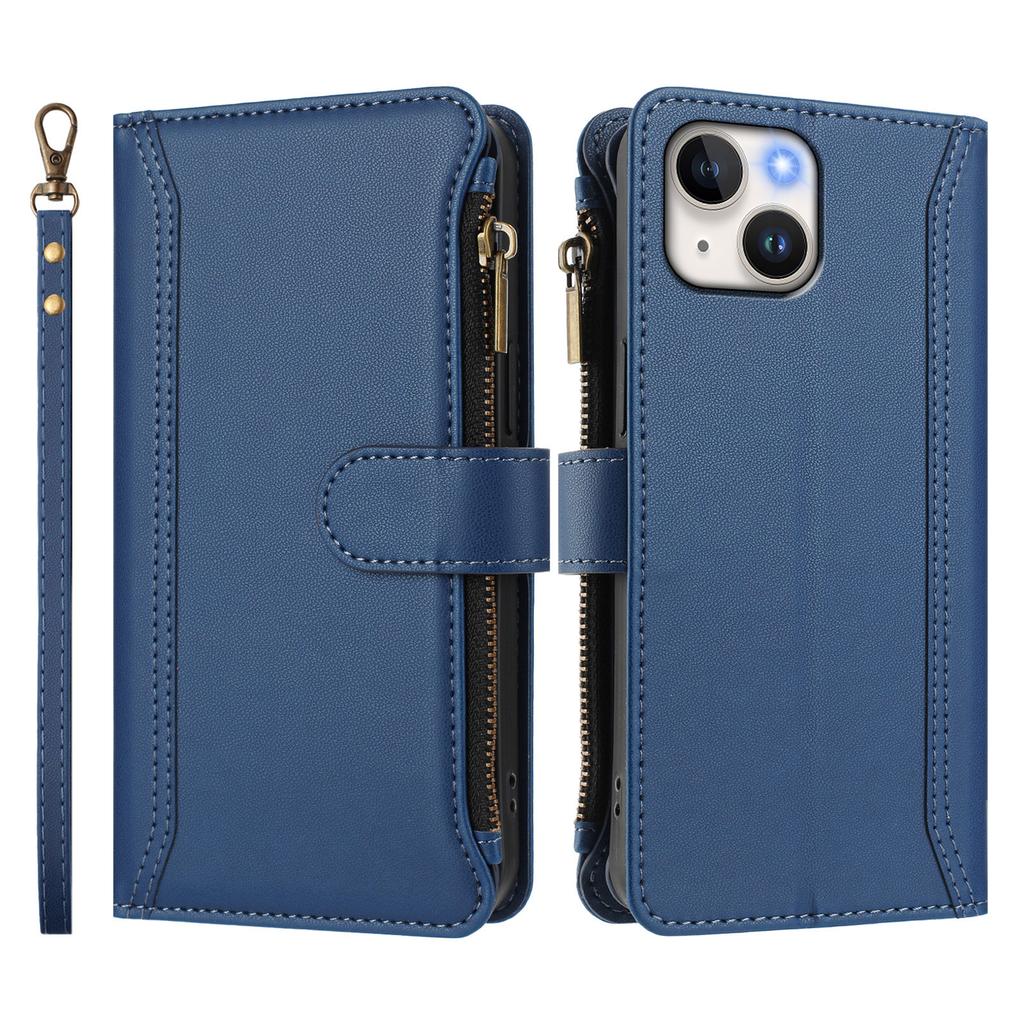 For iPhone 15 Leather Case 9 Card Slots Zipper Wallet Stand Phone Cover with Wrist Strap