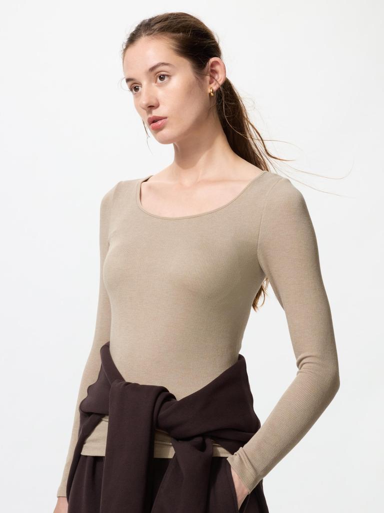 Uniqlo Ультра теплое термобелье с рубчиком, с U-образным вырезом, футболка с длинным рукавом