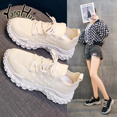 Корейская спортивная обувь весна-лето 2024 г. Новые модные женские кроссовки с толстой подошвой из трикотажной дышащей сетки для бега