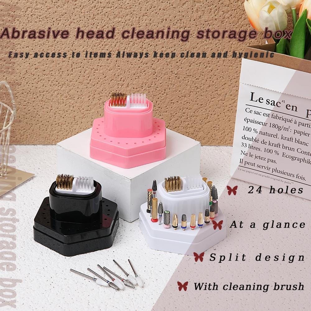 2 в 1 Коробка для хранения насадок для маникюра, 24 отверстия, с щеточкой для очистки, контейнер для хранения маникюрных инструментов, органайзер для салонных принадлежностей