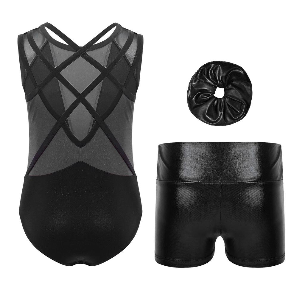 Girls Dance Performance Set Shiny Rhinestones Sleeveless Crisscross Back Leotard Metallic Shorts Headwear