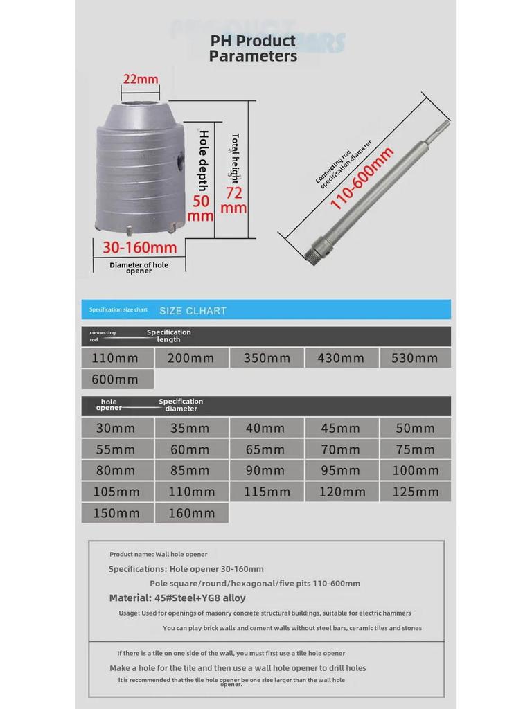 Набор сверл SDS PLUS 110 мм для отверстий в бетонной стене с круглой ручкой