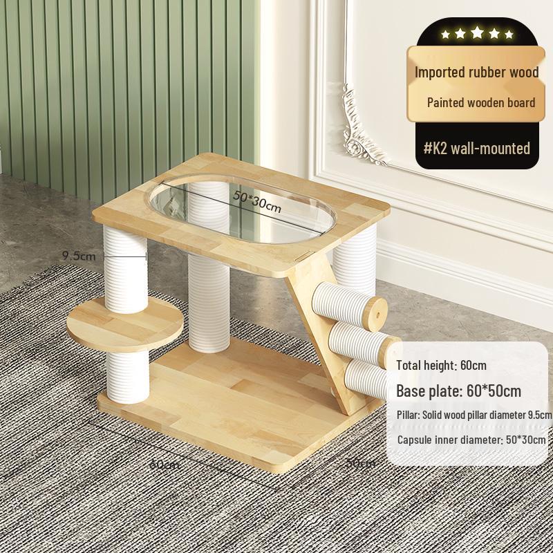 Дерево для кошек из массива дуба с настенной кроватью-капсулой