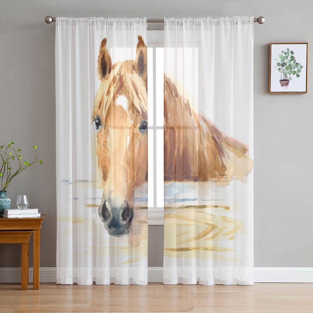 Black White Horse Watercolor Painting Tulle Sheer Window Curtains for Living Room Kitchen Children Bedroom Voile Hanging Curtain