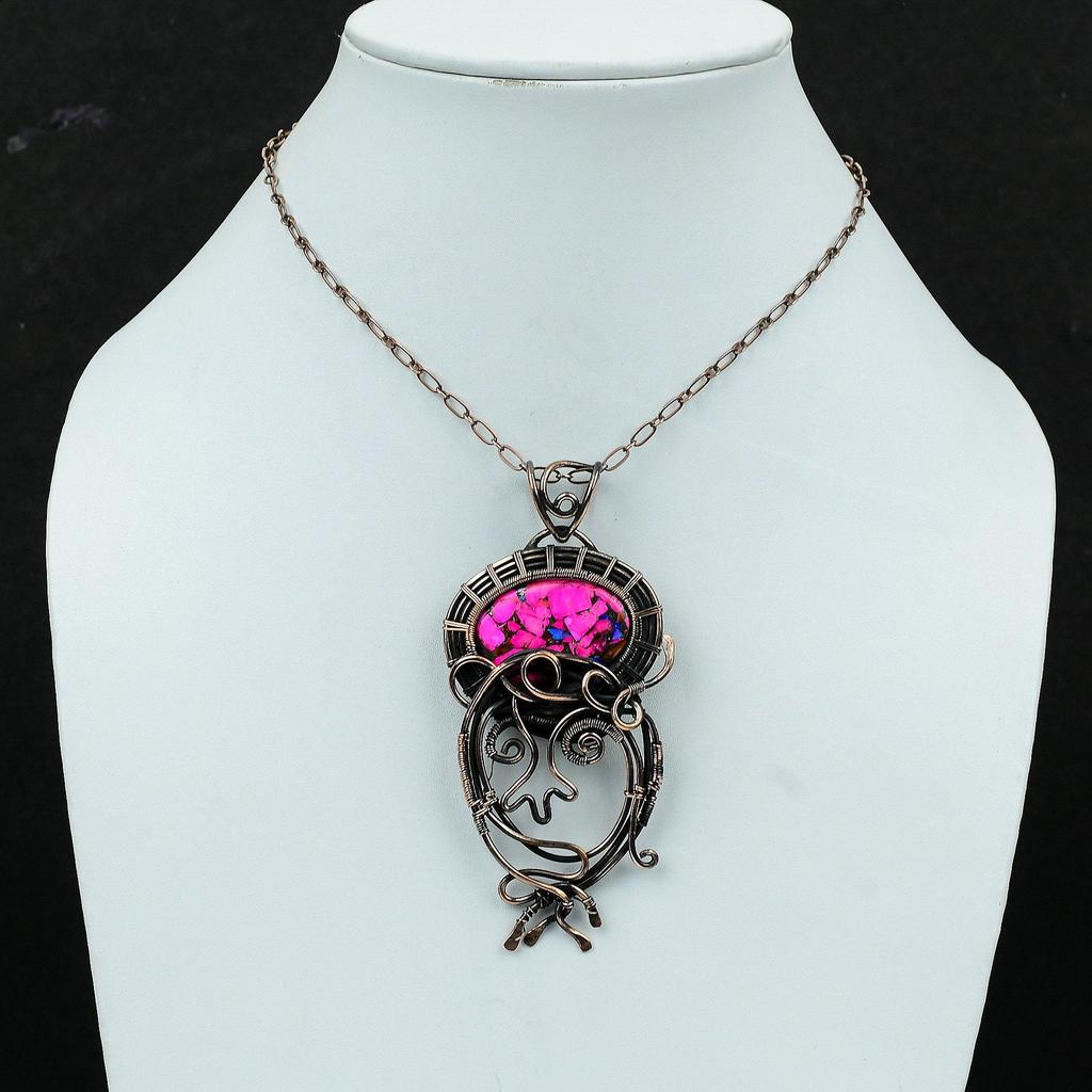 Натуральный Кингман Розовая Далия Бирюза Подвеска Медная проволока Обмотанные украшения Ручной работы Подвеска с драгоценным камнем Медная подвеска Подарок для мамы Подвеска из проволоки