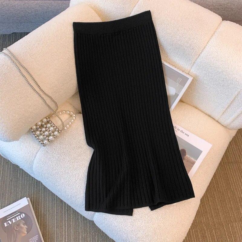 Элегантная офисная женская однотонная прямая юбка, повседневная трикотажная юбка в полоску, осень/зима, юбка средней длины с высокой талией и запахом на бедрах 29474