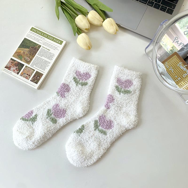 Women's Coral Fleece Cherry Cream Sleep Socks - Thick, Furry, Mid-Tube Winter Socks