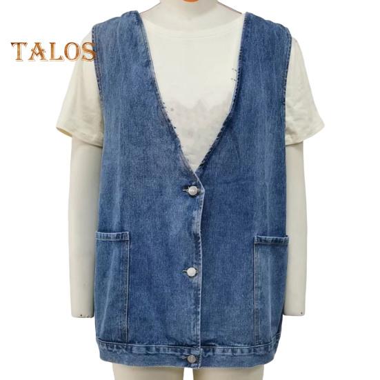 Женский джинсовый жилет с v-образным вырезом и накладными карманами без рукавов, однобортный кардиган, однотонный, повседневный, уличная одежда без рукавов, женский жилет