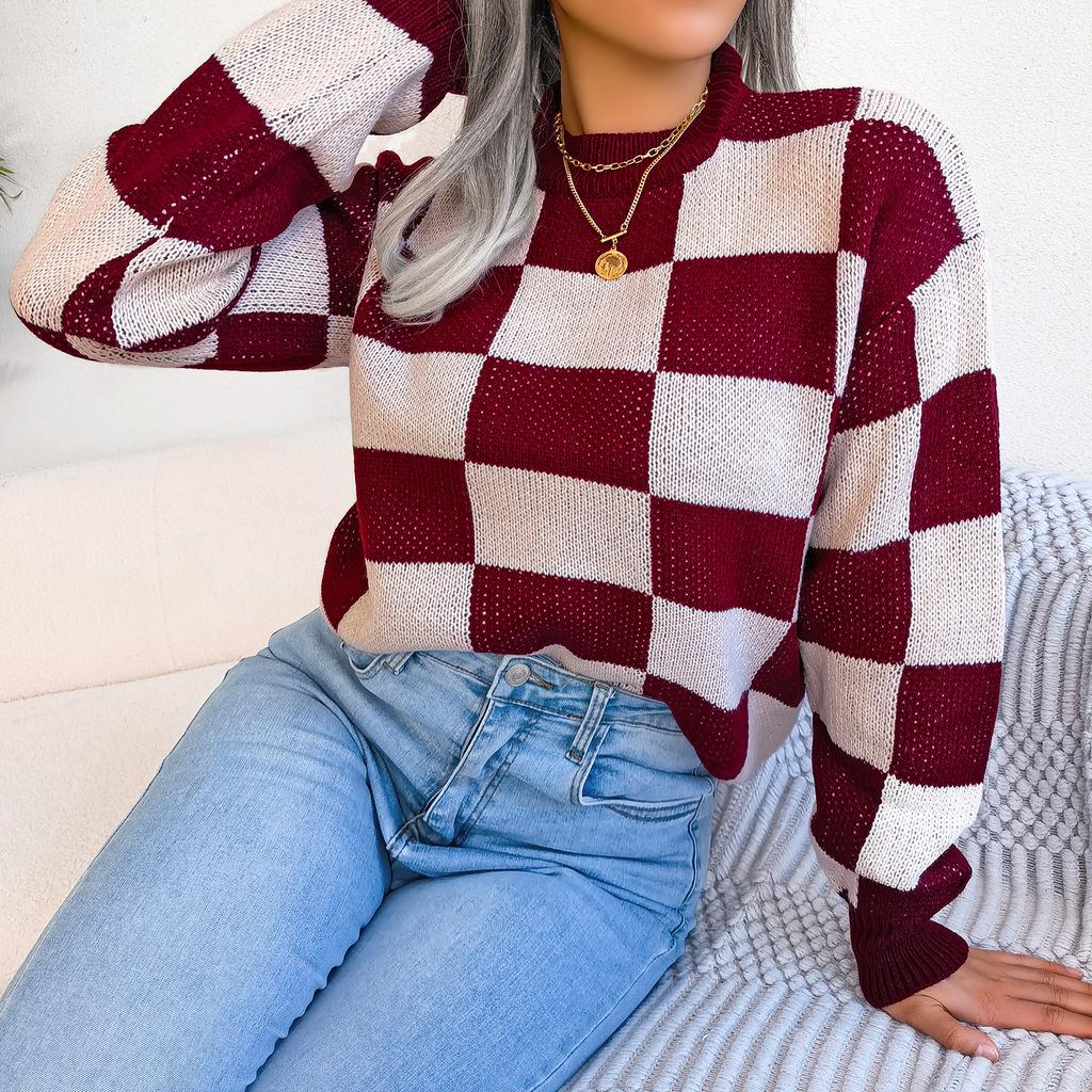 GMXIA Women's Fashion Casual Plaid Print Autumn Winter Long Sleeve Round Neck Loose Street-style Color Pullover Sweater