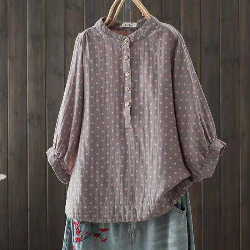 Весенняя хлопковая пряжа ретро рубашка женская стойка воротник принт блузка девушка короткий рукав повседневный модный топ лето