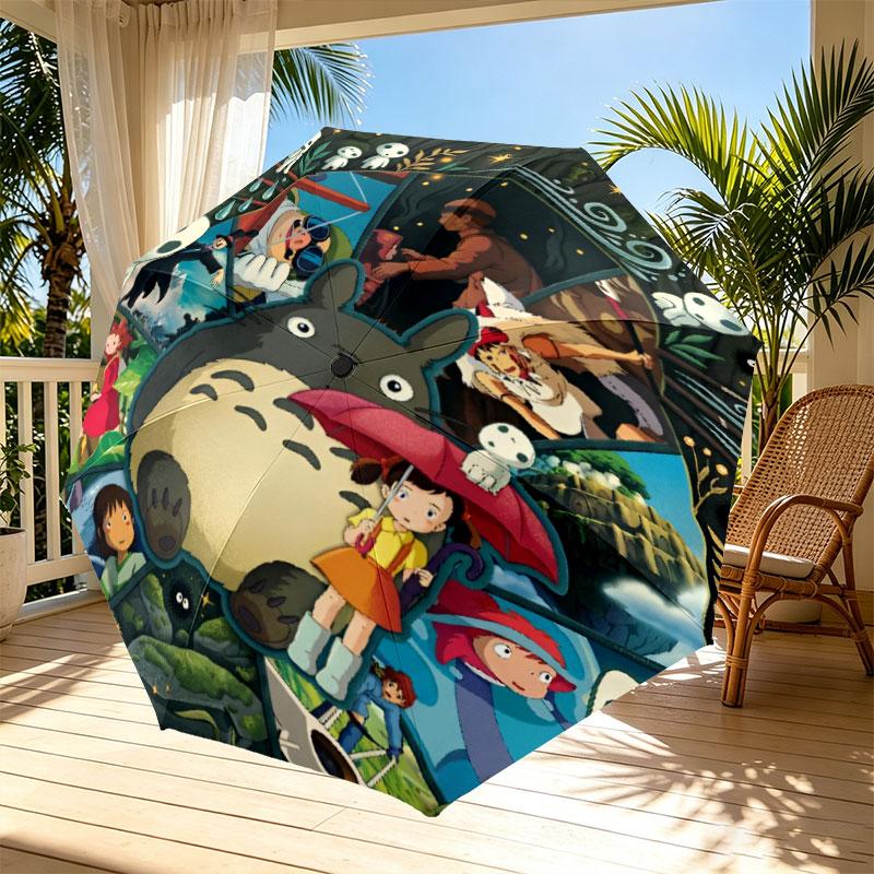 My Neighbor Totoro Print Automatic Open Close Umbrella, Portable Foldable Umbrella, for Outdoor Commute Camping Trip, Ideal Birthday Gift