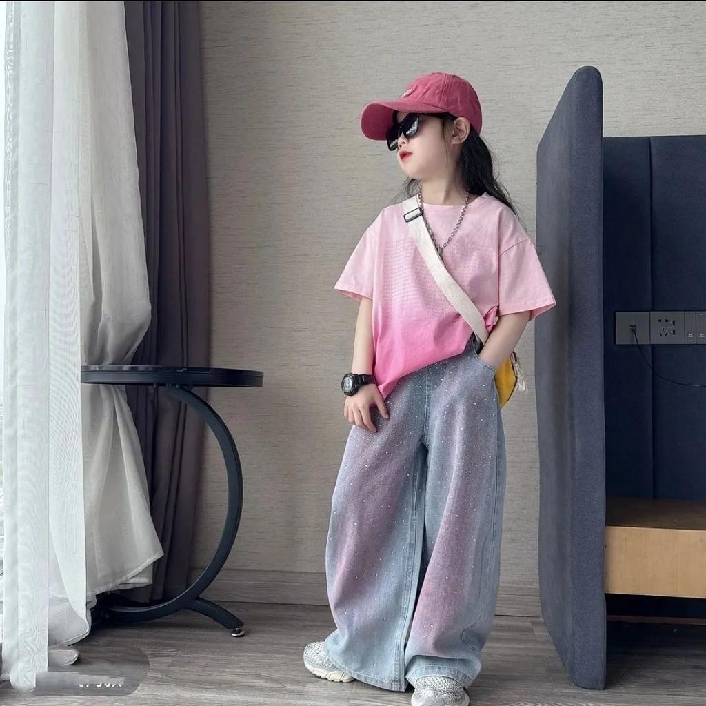 Летний комплект для девочек, тай-дай, с коротким рукавом, украшенный стразами, облегающие и широкие джинсы, модный и повседневный комплект из двух предметов, модный