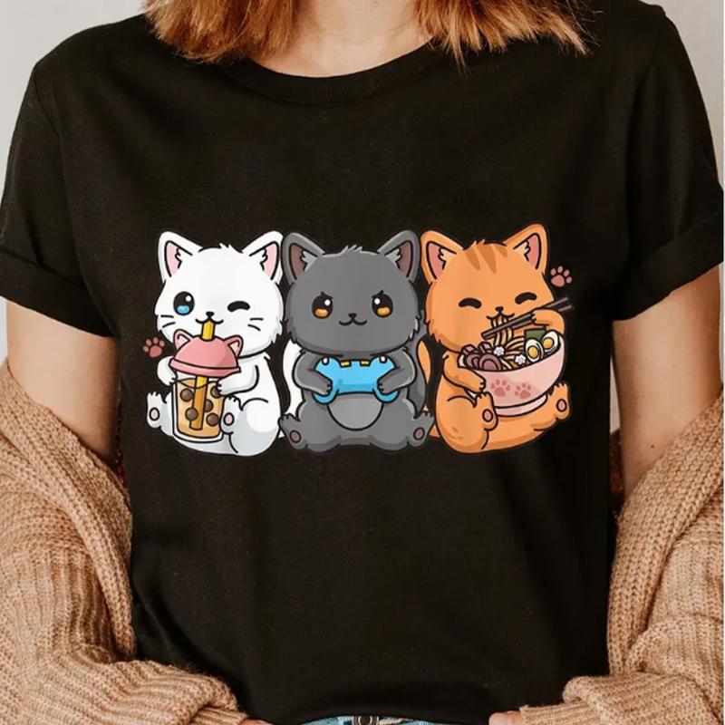 Fashion Women Three Cute Cats Print T Shirt Funny Casual O-neck Short Sleeves T-shirt Summer Female Tee Shirt