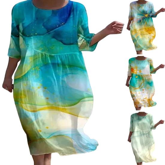 Летнее женское платье с круглым вырезом и цветочным принтом, свободное трапециевидное платье с длинными рукавами, тонкий пуловер, повседневная одежда, пляжное платье миди для отпуска