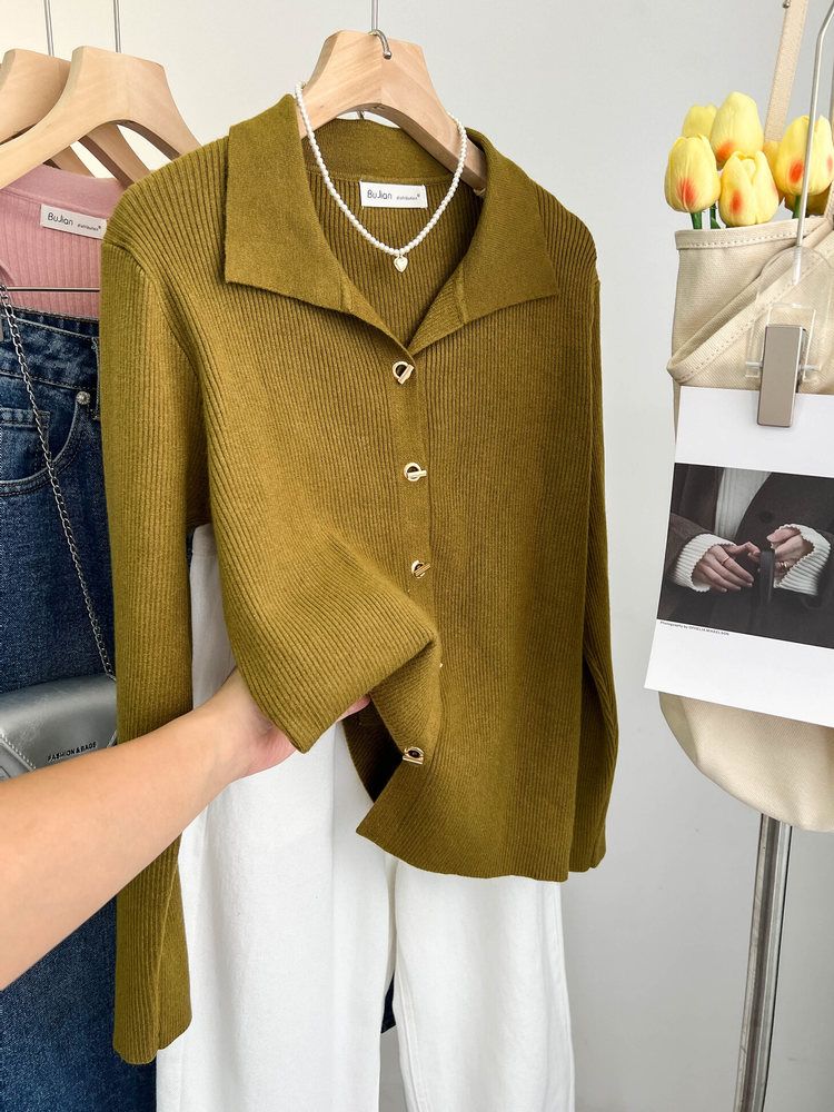 Французский элегантный лацкан вязаный свитер кардиган женский весна осень винтажная однотонная рубашка поло корейский шик под базовый слой одежды