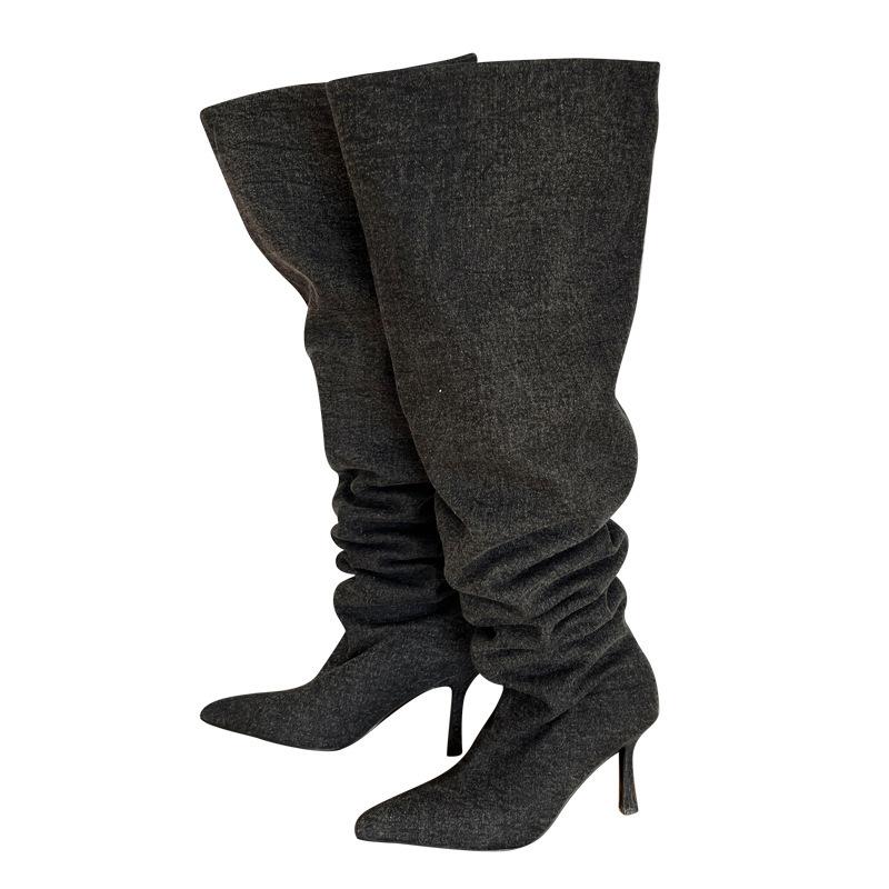 Super Large Tube Circumference High Heel Boots Spice Girl Pointed Head Thin Heel Knee Wide Tube Boots Stacking Boots