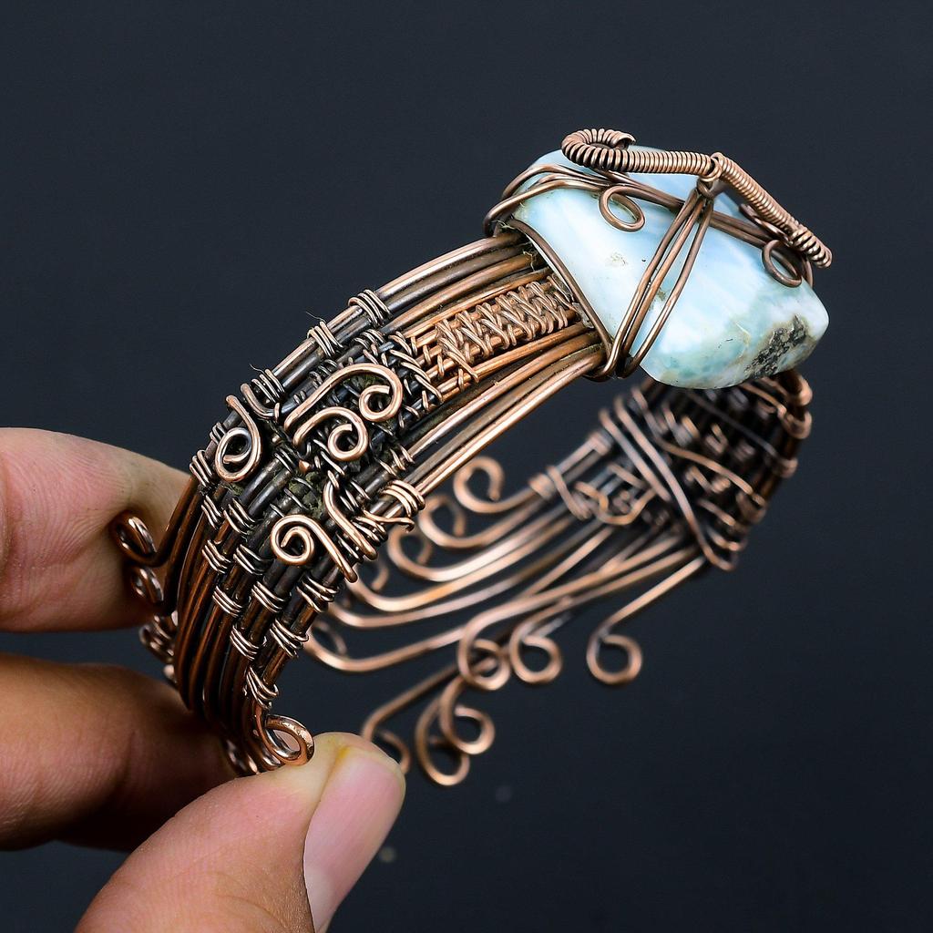 Larimar Pure Copper Wire Wrapped Ювелирные изделия ручной работы Браслет Регулируемый для свадебного подарка