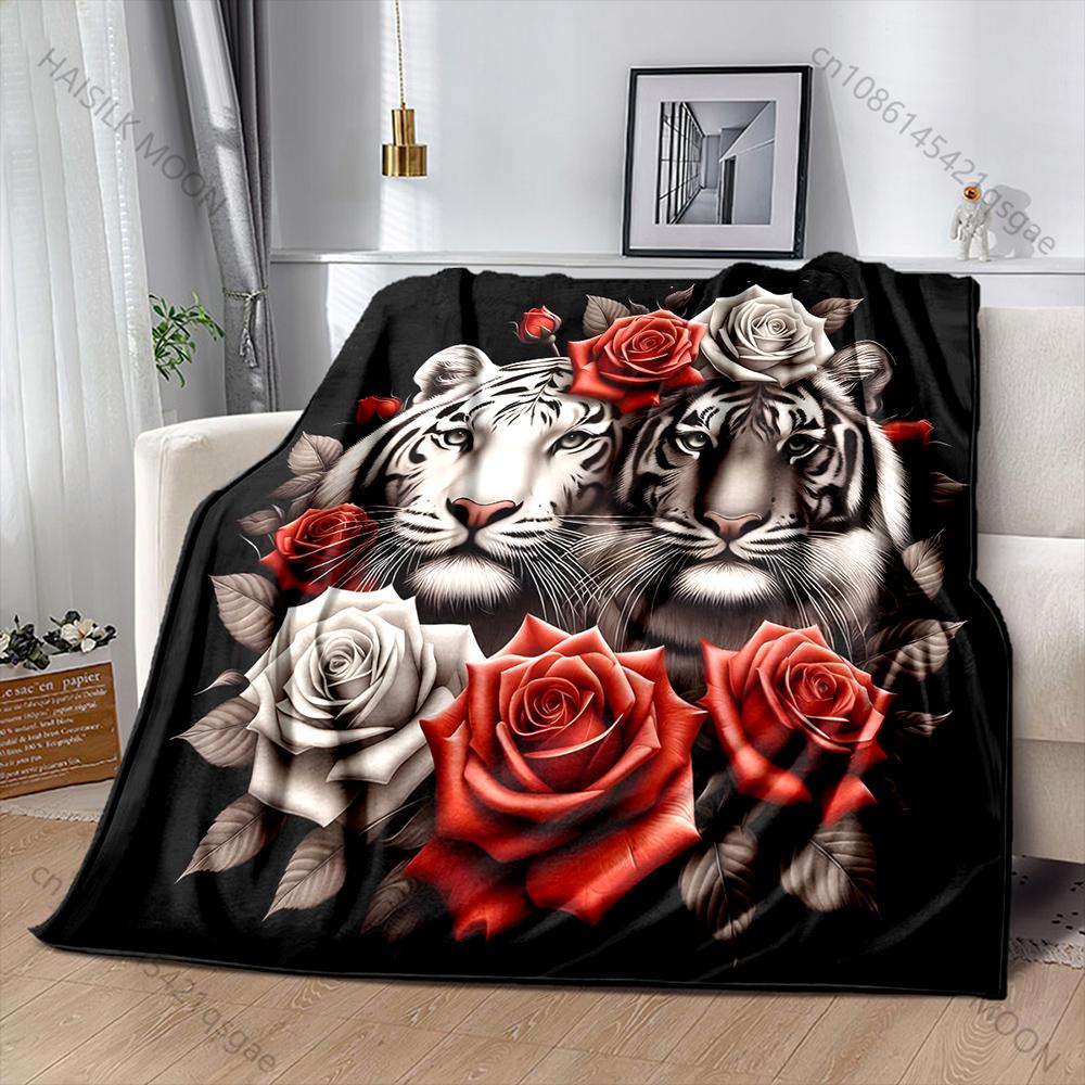 Tigers Surrounded By Vibrant Roses Pattern Blanket Flannel Material Soft Warm for All Seasons, Home Outdoor Camping Picnics RV