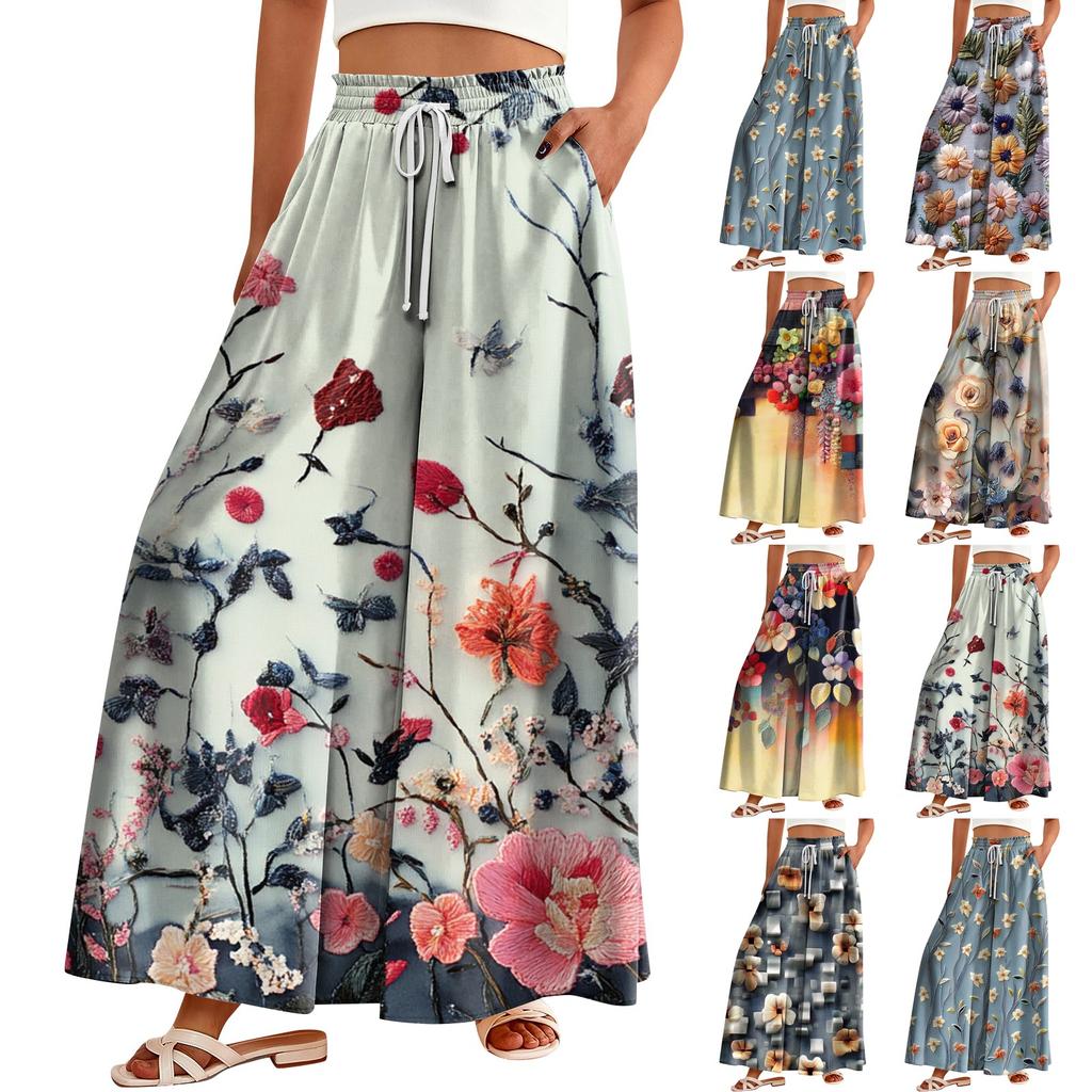 Women's Pocket High-waisted Wide-leg Pants Floral Print Casual Pants