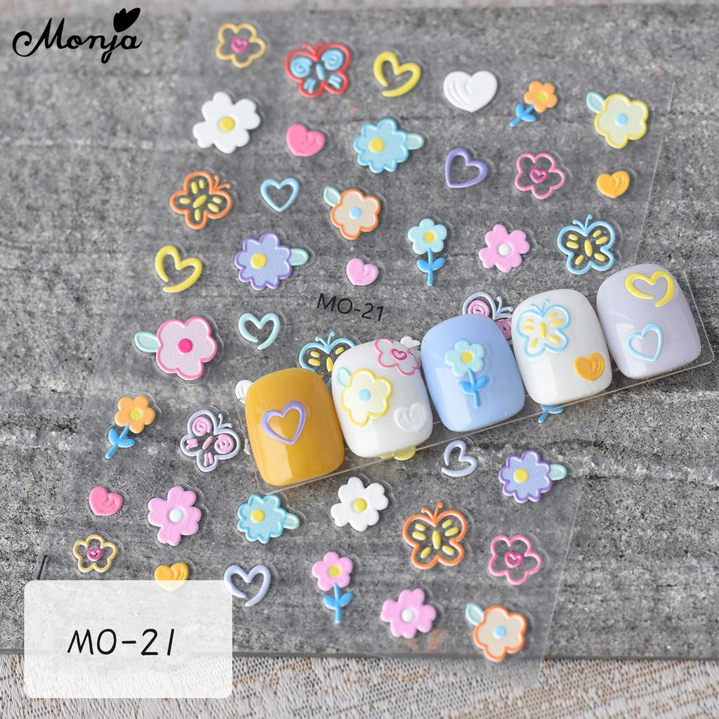 monja 6 вариантов 5D наклейки для ногтей Симпатичные тисненые цветочные серии Рельефы Клейкие наклейки Цветочный узор в виде листьев Аппликация «Белый кролик и облака»