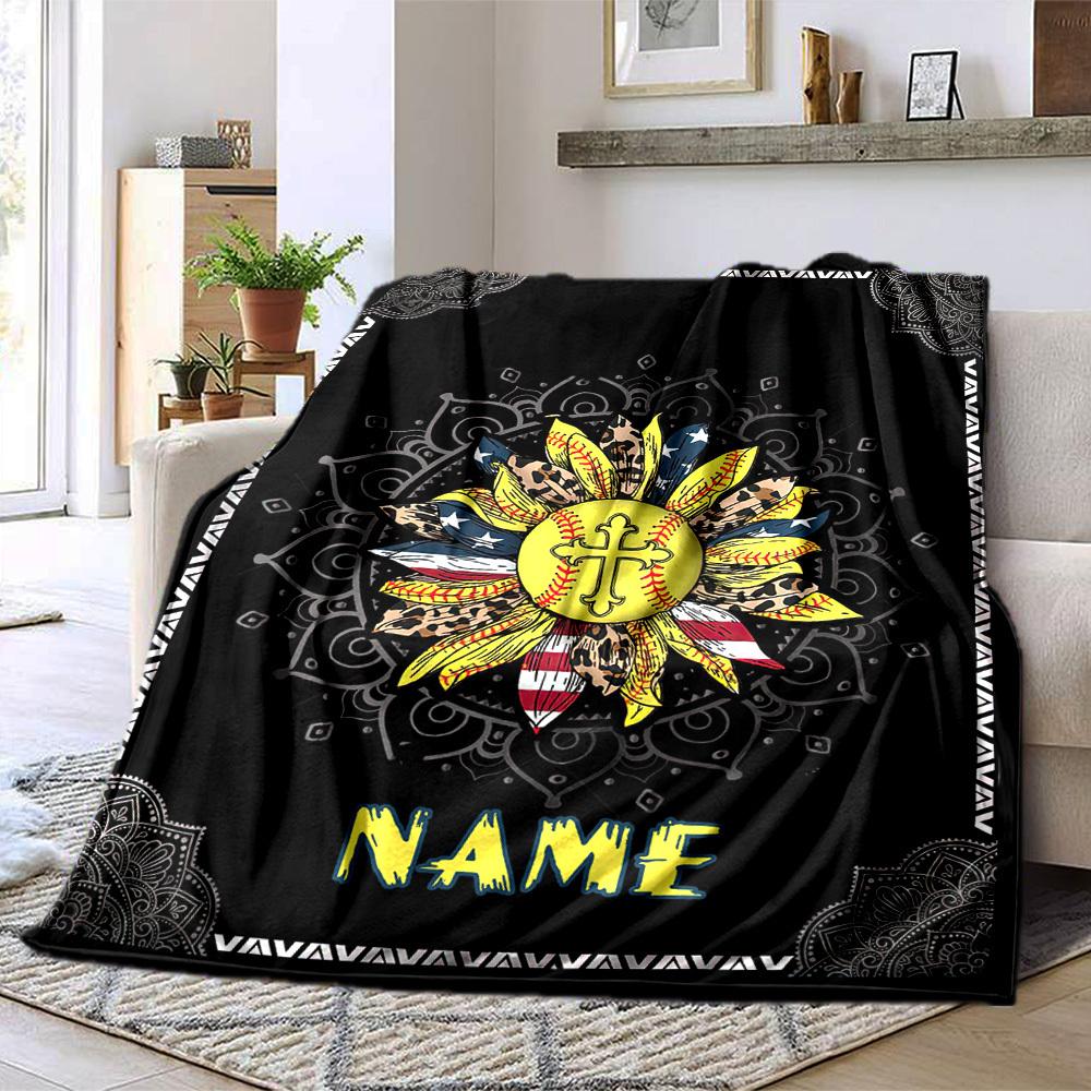 Softball Sunflower Home Customize Your Name Blankets Comfortable Soft Lightweight Allseason Multipurpose Blanket For Picnics Sofas Offices Beds Living