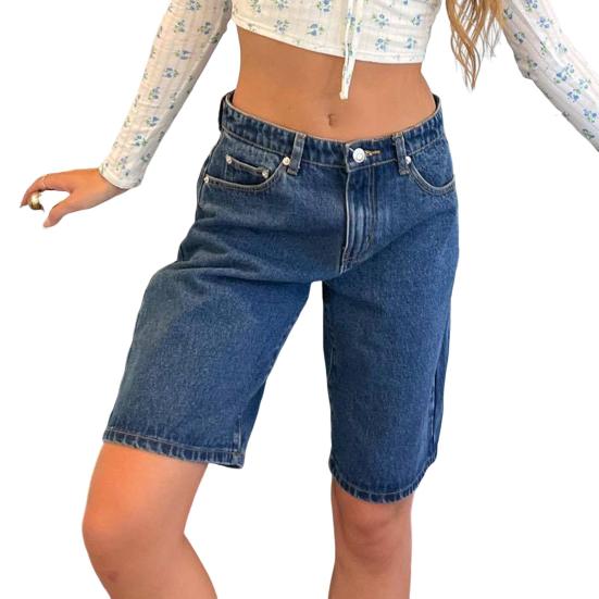 Женские джинсовые шорты длиной до колена с карманами, мешковатые джинсовые шорты-бермуды со средней посадкой, прямые джинсы, короткие брюки