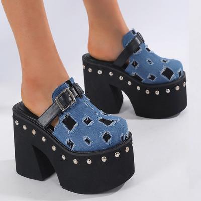 Модные женские шлепанцы из денима синего цвета на сплошной платформе с заклепками, модного дизайна, на толстой подошве и высоком каблуке, летняя обувь для вечеринок и платья