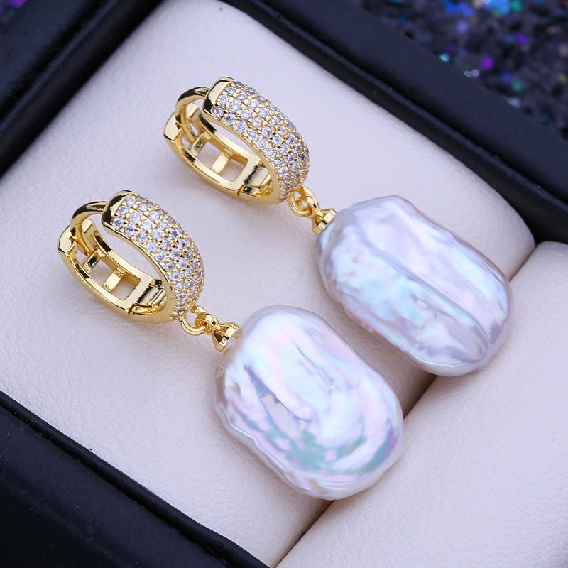 LSOOYH Natural Freshwater White Big Baroque Pearl Earrings For Women Fashion Cultured Pearls Silver Color Hoop Earrings Wedding Jewelry