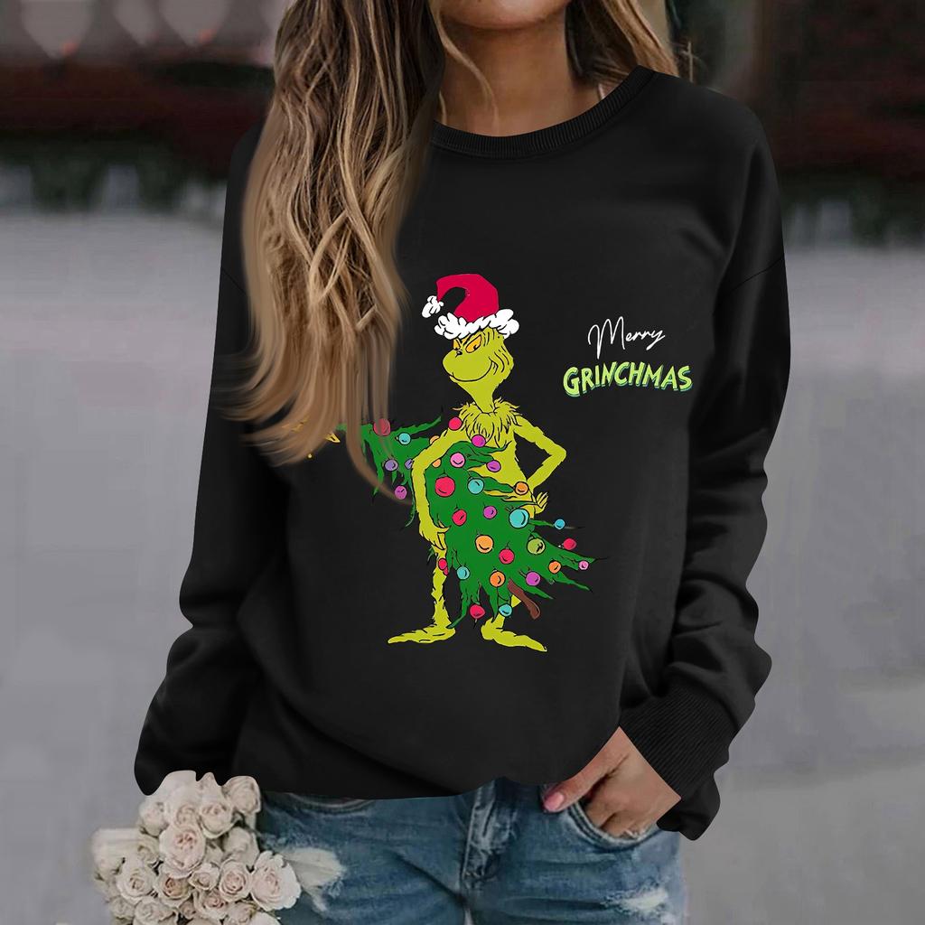 Women's Fashion Casual Long Sleeve Solid Color Christmas Printed Round Neck Top Sweatshirt