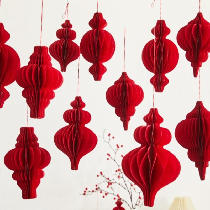 2026 Украшение Рождественские шары 3D Соты Подвесные кулоны Украшения для рождественской елки Красный бумажный фонарик Рождественский декор
