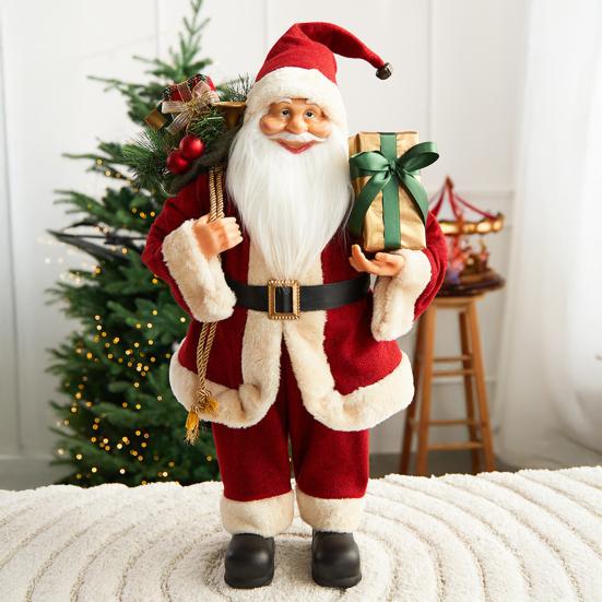 Рождественская фигурка Санты Стоящая фигура Санта-Клауса с мешком подарков и подарочной коробкой Рождественское украшение для праздничной вечеринки Домашний декор