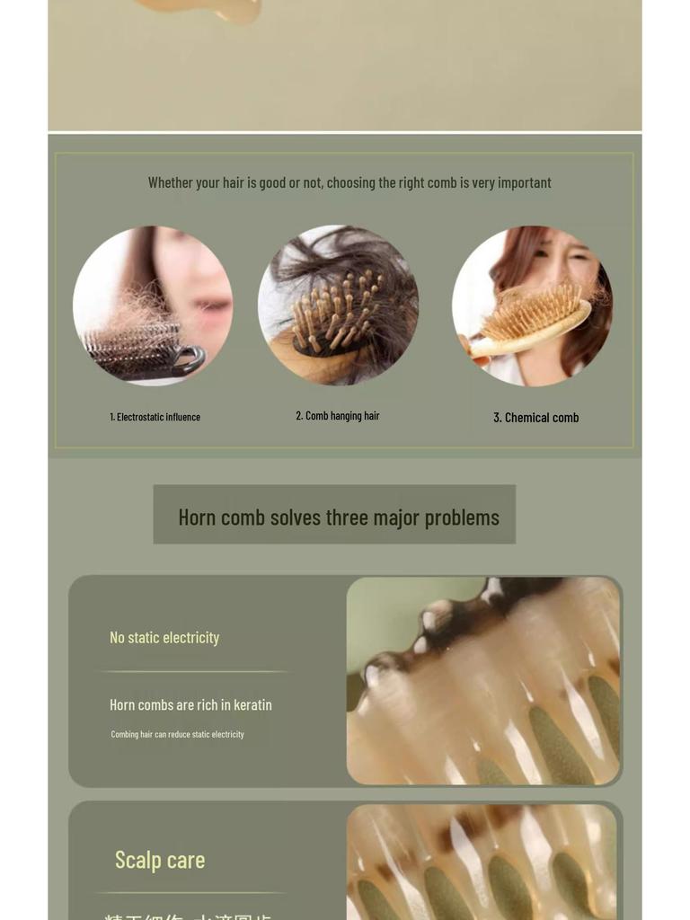 Массажная расческа из натурального белого рога буйвола, пять зубьев, форма капли воды, в подарочной упаковке