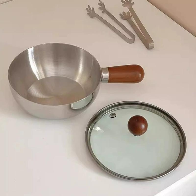 Кастрюля для молока из нержавеющей стали с деревянной ручкой, компактная кастрюля для приготовления пищи, подходит для жарки яиц и подогрева молока. Сделано из нержавеющей стали S