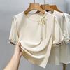 Круглая горловина шифоновая рубашка для женщин новая женская шелковистая атласная короткая модная рубашка в китайском стиле вышитый топ