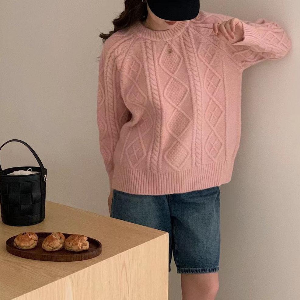 Vintage Twist Thickened Pullover Sweater Women's Autumn and Winter Solid Color Round Neck All-match Loose Knitted Sweater for Outer Wear