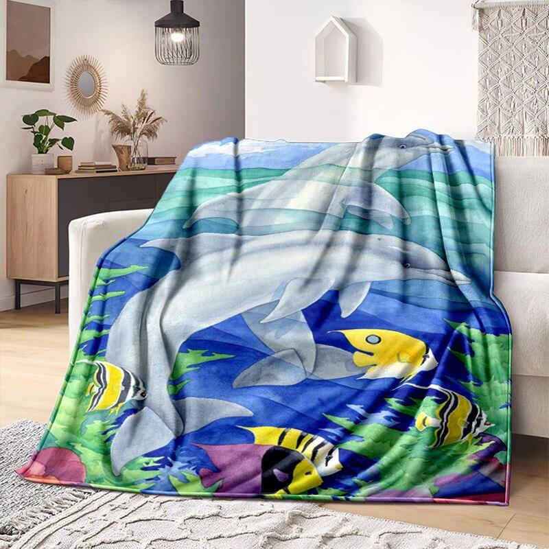 Underwater World Fish Dolphin Pattern Print Soft Flannel Blanket Sheet Sofa Office Air Conditioner Throw Blanket Gift