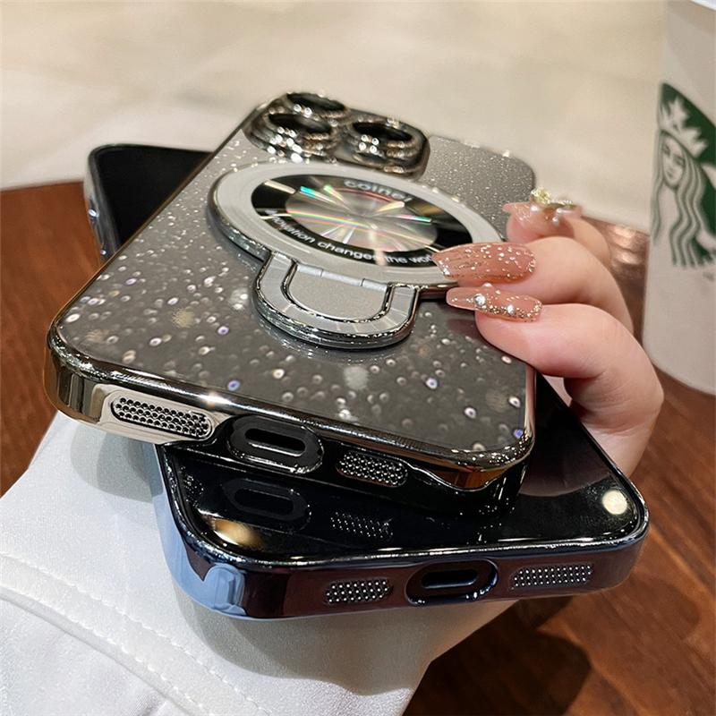 For IPhone 15 Pro Max Luxury Flash Magsafe Magnetic Plating Frame Stand Phone Case for IPhone 12 13 14 16 Plus Protective Cover