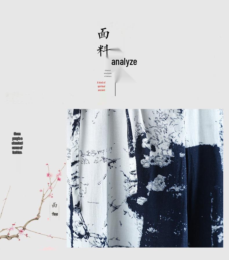 Женский летний костюм-двойка из хлопка и льна с шалью с принтом тушью, 2025